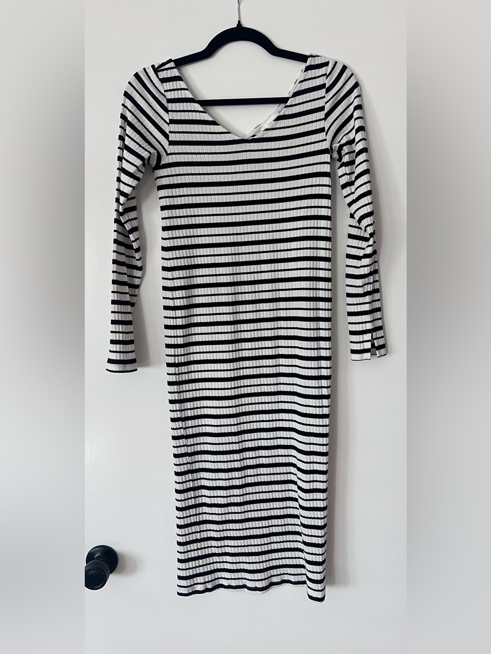 Striped Ribbed Long Sleeve Bodycon Maternity Dress - Black & White